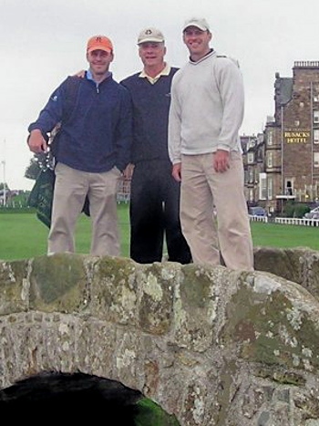 Brian Schnieder, left, with his father, Rick, and brother, Paul, on the Swilcan Bridge.
